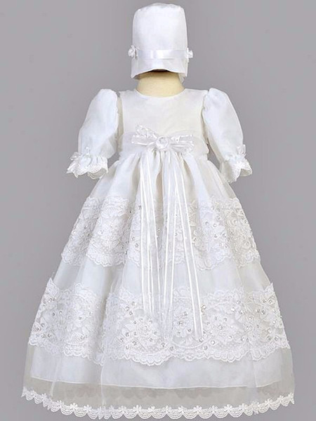 Cheap Custom White Satin Baby Kids Christening Dresses Long Full Sleeves Baptism Girls Gown First Communication Dresses Lace Beaded