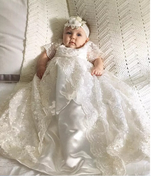 High Quality Full Lace Short Sleeves Ivory Toddler Infant Baptism Dresses 2017 Newborn Baby Girls First Communion Gowns