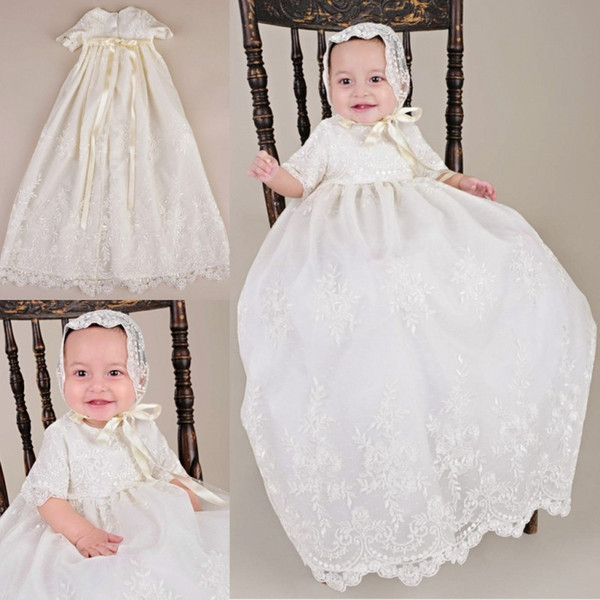 Cute Two Pieces Christening Dresses For Baby Girls Half Sleeve Lace Appliques Long Baptism Dress First Communication Gowns with Hats