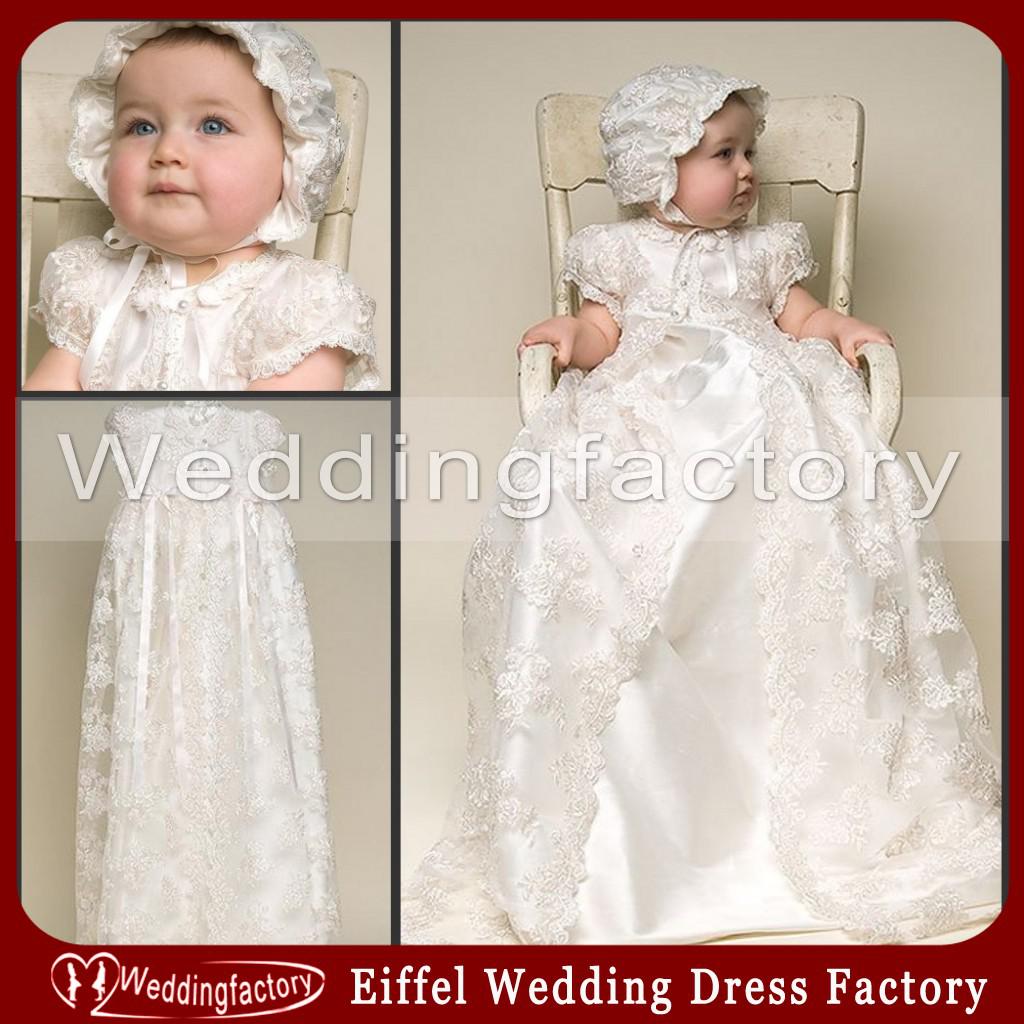 Two in One Vintage Lace Christening Gowns Short Sleeves Ivory White Champagne Long Babies Baptism First Communion Dresses with Free Hat