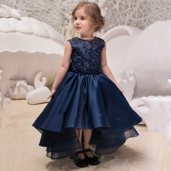 Cute Navy Blue Kids First Communion Dress Party Gown Satin Lace Flower Girls Dresses Backless