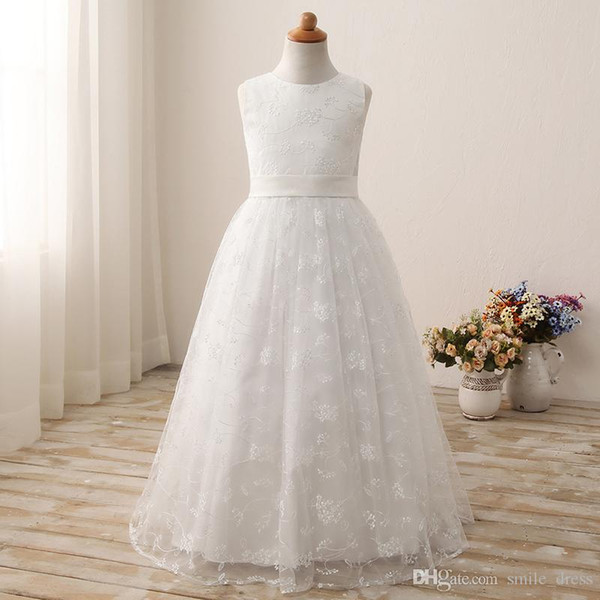 Flower Girls Dresses A Line Jewel Sleeveless Lace Sash Zipper Up Floor Length Birthday Party Dress For Girls SF008