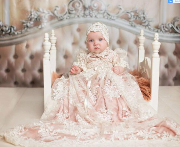 Christening Gown Baptism Dress Girls Christening Gown Set with Pink Underlay Custom Made First Communion Gowns