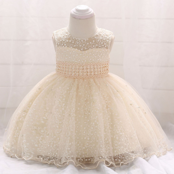 2018 new collection Baby no sleeves Christening Gown lace Baby full month Star embroidered princess skirt beads champagne wedding dress