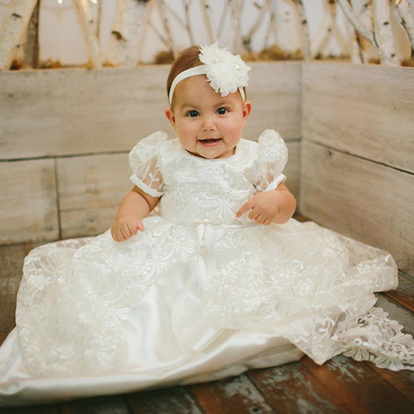 Princess White Lace Baby Christening Dresses Kids Baptism Gowns Short Sleeve Vintage Baby Girls Christening Gowns Kids Dress with Hat 71