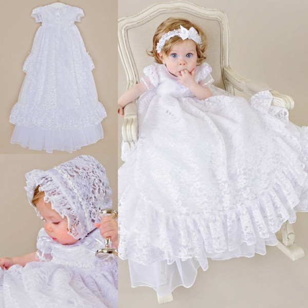 Adorable Two Pieces Christening Dresses For Baby Girls Short Sleeve Lace Appliques Long Baptism Dress First Communication Gowns Custom Made