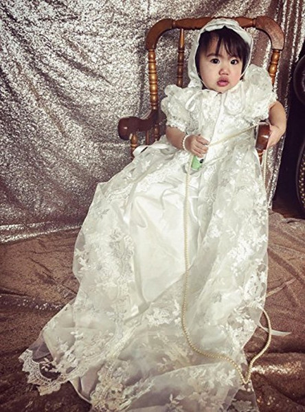 Elegant White/Ivory Lace Vestidos Infant Baptism Gown Baby Girl Christening Dresses Half Sleeve First Communion Dresses with Hat 16