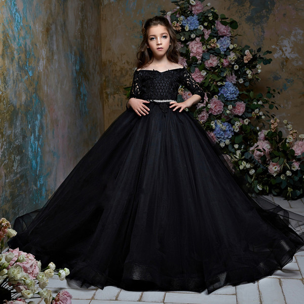 New Beautify Black First Communion Dresses for Girls Lace Half Sleeve Tulle Kids Pageant Gown