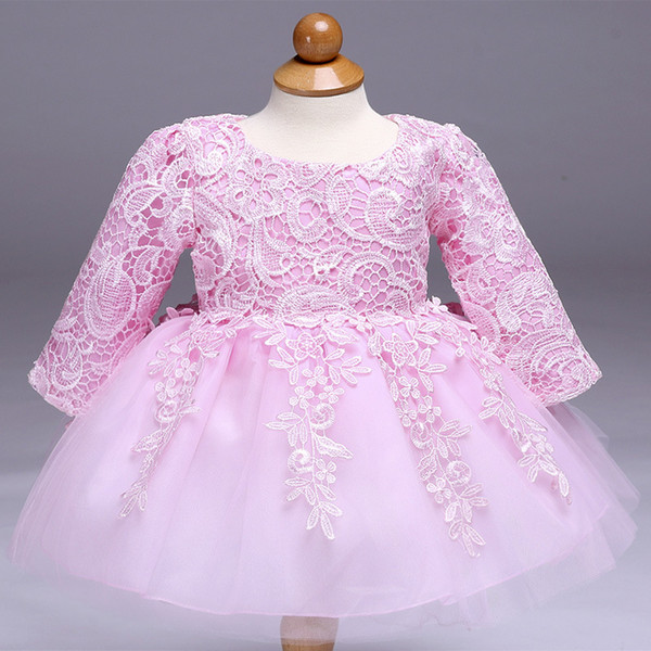 Girls dress show Flower Girl Birthday Dress children long sleeve lace openwork Princess Dress