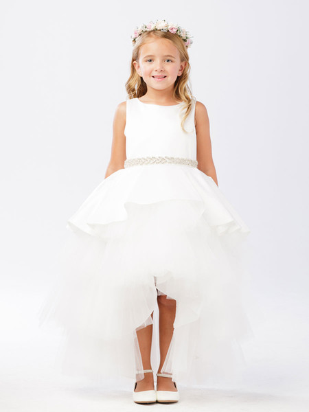 High Quality Ivory Girls Holy Communion Gowns Organza Bateau Neck Beaded Belt Multi Layered Holy Communion Dresses On Sale