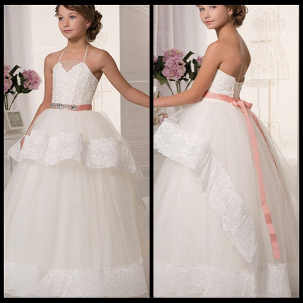 Ball Gown Halter Sleeveless Appliques First Communion Dresses For Girls vestidos de comunion Flower Girl Dresses For Weddings