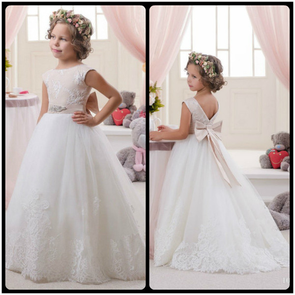 2016 First Communion Dresses Jewel Bow Lace Embroidery Flower Girl Dress For Wedding Custom Made Girls Pageant Dress