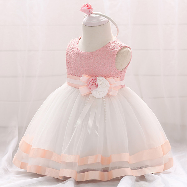 2018 new collection Baby no sleeves Christening Gown RIBBON DEDGE FOR 1-3 YEARS OLD BABY GIRL WEAR PRINCESS CTTON LINING head band free