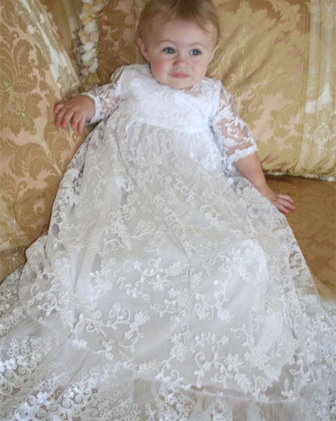 Vintage Lace 3/4 Long Sleeves Kids Christening Gown White Ivory Full Length A-Line Baptism Girls Dress Toddler Party Prom Dresses