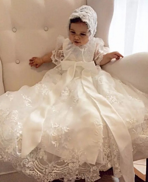 Lovely Baby Girl Baptism Gown Christening Dress Lace beaded 0-24month Baby Boy Robe With Hat 136