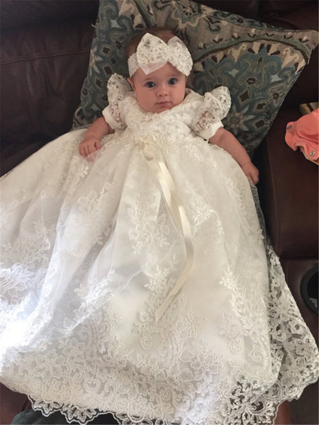 White Ivory Baby Christening Gowns Baptism Dresses Vintage Lace With Bowknot Infant First Communion Gowns 0-24M