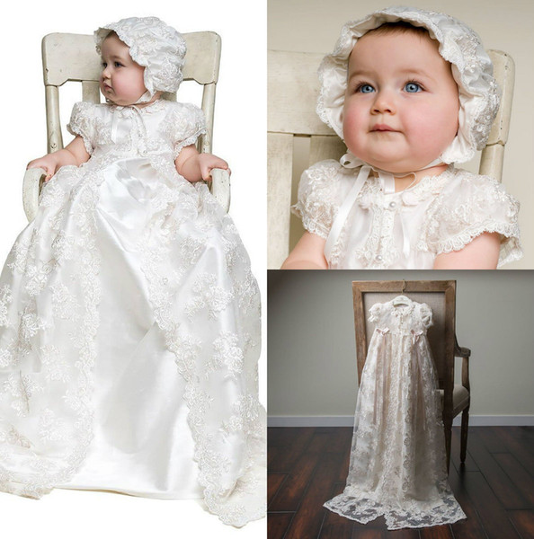 Vintage Lace Christening Gowns Short Sleeves Ivory White Champagne Long Babies Baptism First Communion Dresses with Free Hat