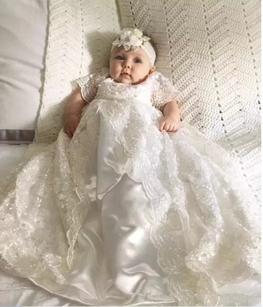 High Quality Full Lace Short Sleeves Ivory Toddler Infant Baptism Dresses Newborn Baby Girls First Communion Gowns with Hat 122