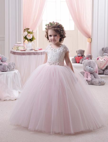 Hot Pink Ball Gown Flower Girl Dresses For Wedding Princess Tutu Sequined Appliqued Lace Bow Vintage Child Girls First Communion Dress