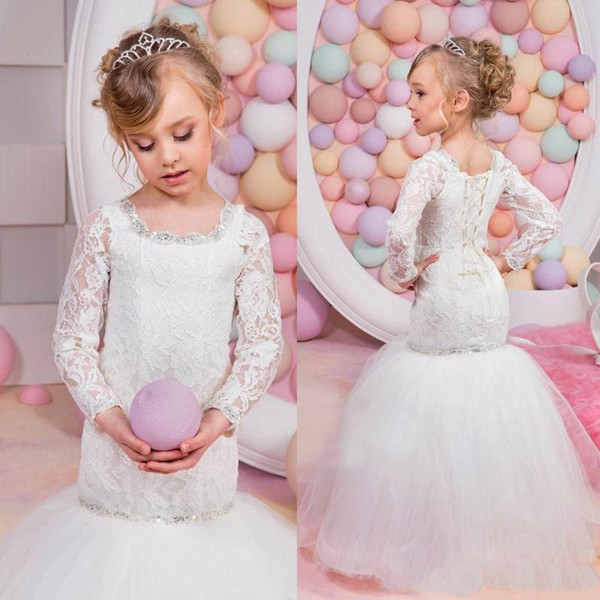 2016 Cute Kids Mermaid First Communion Dresses Ivory Lace Long Sleeves New Beaded Crystal Scoop Birthday Party Gowns for Children Weddings