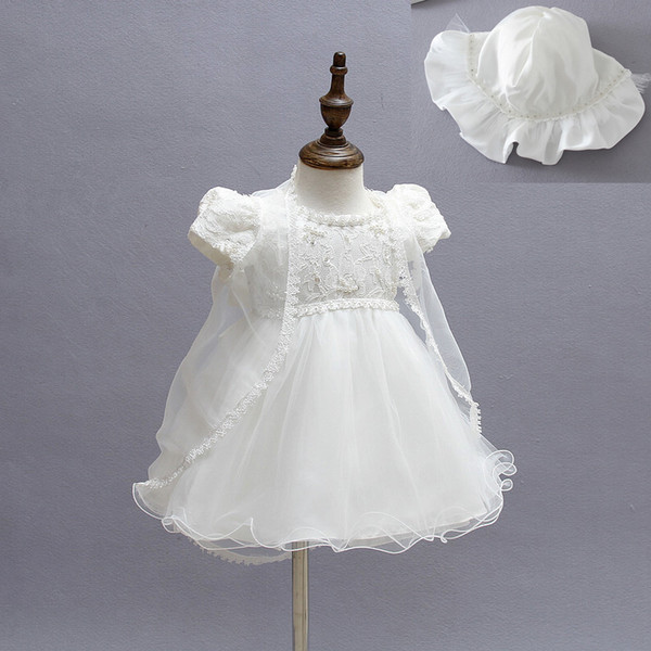 New Baby Girl Baptism Christening Easter Gown Dresses Lace Satin Embroidery Shwal Formal Toddler Baby Girl Party Dresses 3PCS/Set