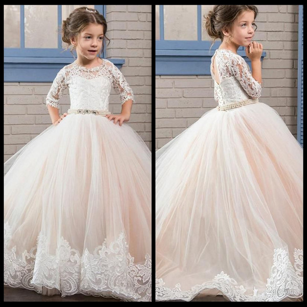 Princess Ball Gown First Communion Dresses with 3/4 Long Sleeve Sheer Jewel Neck Lace Beads Cheap Birthday Party Gowns For Little Girl