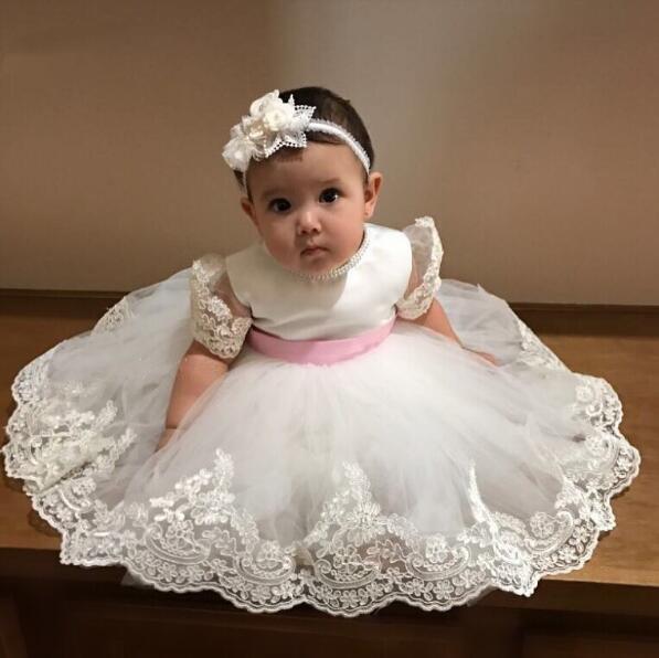 Cute Baby Mid Calf Length Christening Dresses Lace Short Sleeves Kids Birthday Baptism Ball Gown Toddler First Communication Dress