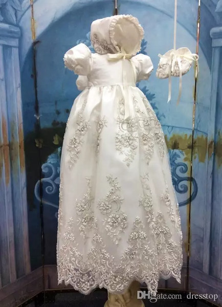 Lovely Lace Appliques Long Christening Dresses For Baby Girl With Short Sleeves Beads Baptism Gown Cheap Kid First Communication Dress