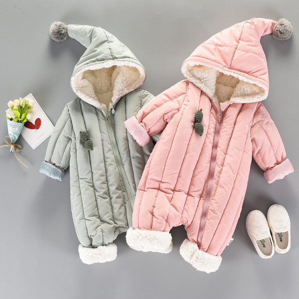 Hot Sale Warm Hoodies For Toddlers Thicken Cotton-padde Clothing Hooded Green Pink Winter Cotton Jumpsuit for Babies