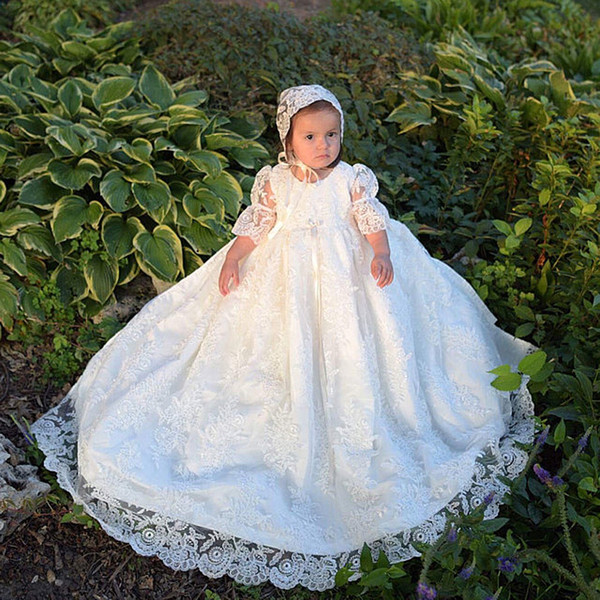 Elegant White/Ivory Lace Vestidos Infant Baptism Gowns Baby Girl Christening Dresses Long Sleeve First Communion Dresses with Hat 08