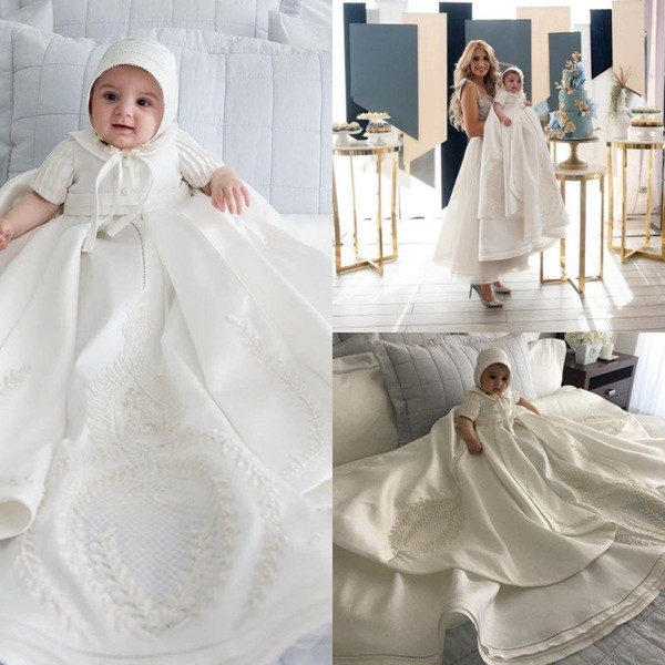 Classy Toddler Baby Baptism Christening Gowns Satin Flower Girls Dresses For Weddings Bonnet First Communication Dress