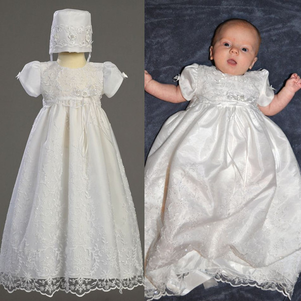 Lovely White First Communion Dresses Lace Beads Ruffles Short Sleeve Baby Christening Gowns With Bonnet Baptism Outfits Robes De Fête