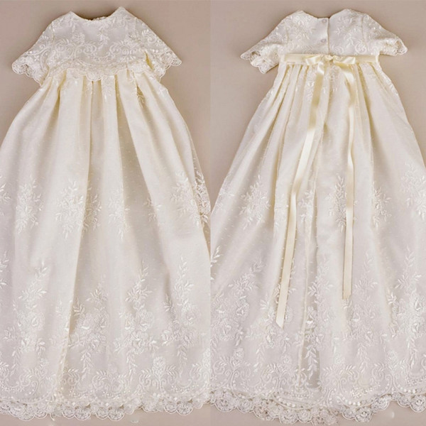 Hot Selling Long Christening Dresses For Baby Girls Lace Appliques Jewel Neck Baptism Gown with Sash Kids First Communication Dress