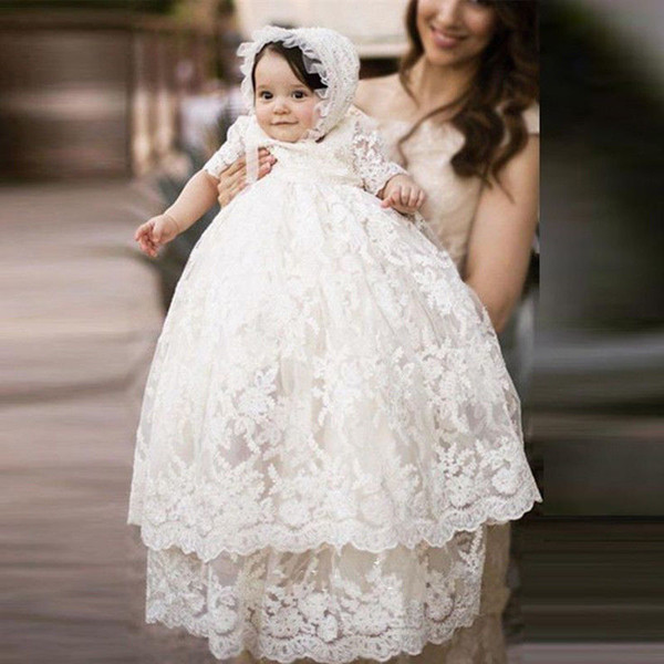 Long Sleeve Christening Gowns For Baby Girls Lace Appliqued Baptism Dresses With Bonnet First Communication Dress