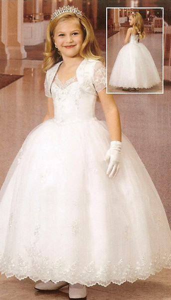 New Lovely Girls Holy Communion Gowns With Jacket Lace Applique Spaghetti Straps Ankle Length Ivory Holy Communion Dresses