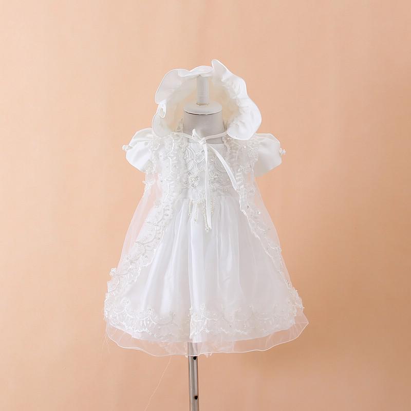 Baby Girls Christening Gown Dresses+Hat+Shawl Vestidos Infantis Princess Wedding Party Lace Dress for Newborn Baptism 3PCS