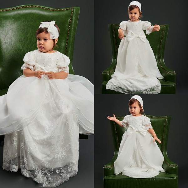 Cheap Organza Overskirt Christening Dresses For Baby Girl With Half Sleeves Lace Crystals Baptism Gown Kid First Communication Dress