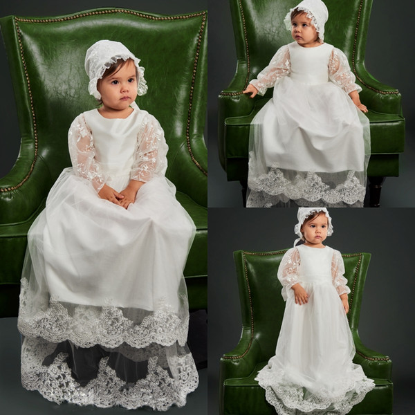 Lovely Lace Bottom Long Christening Dresses with Sleeves Bonnet Bow High Quality Baptism Gown Baby Kids First Communication Dress