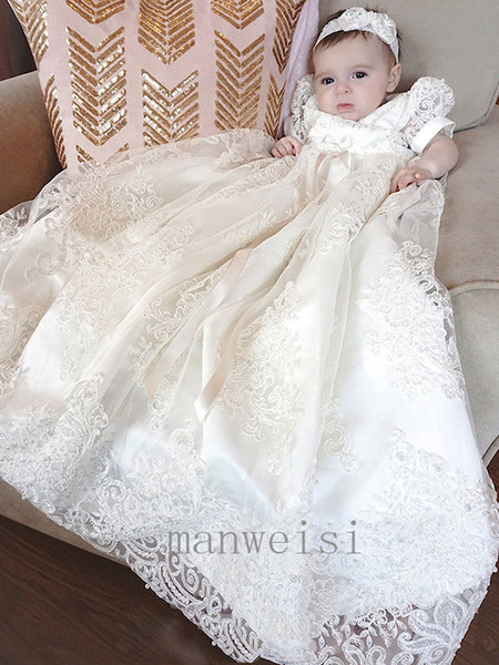 New Baby Christening Gowns Lace Applique Ivory Flower Girls Dress Toddler Long Baptism Dresses With Bonnet First Communication Dress
