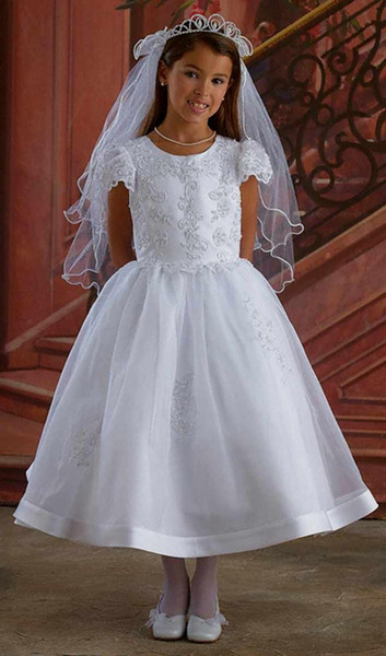 On Sale First Holy Communion Gowns White Organza Jewel Neck Embroidery Tea Length Short Sleeve Holy Communion Dresses