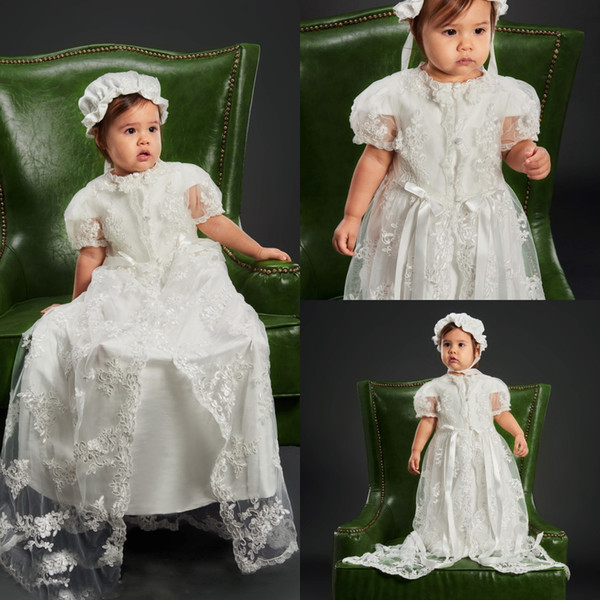 New Two Pieces Long Christening Dresses For Baby Girls Lace Appliques Baptism Gown Bonnet Kids First Communication Dress Custom Made