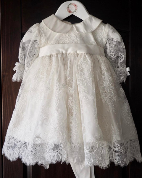 White Christening Dress Full Lace Baby Gowns With 3/4 Sleeves Infant Baptism Outfits With Sash