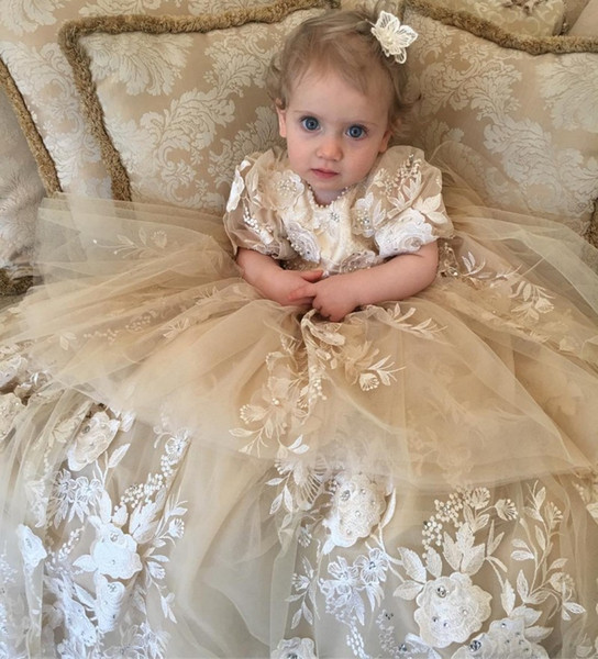 Champagne Christening Dresses For Baby Girl Lace Appliques Baptism Gown With Short Sleeves Cheap A Line Kid First Communication Dress