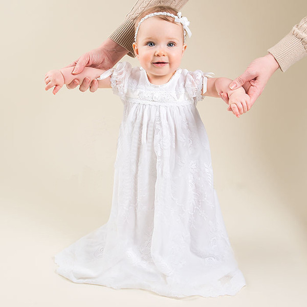 White First Communion Dresses Sashes Lace Applique Short Sleeves Ankle Length Baby Christening Gowns With Bonnet Baptism Outfits