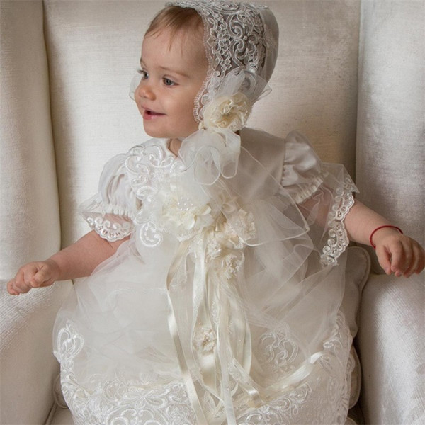 Soft Tulle Christening Dress Cap Sleeves Hand Made Flower Kids Gown Lace First Baptism Dresses With Bonnet