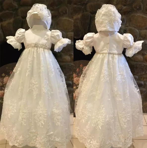 Cute Ivory White First Communion Dresses Puff Sleeve Custom Made Lace Applique Beads Belt Jewel Neck Hat A Line Pageant Gowns with Hat 137