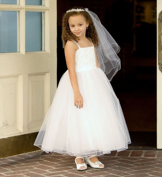 Latest Arrival Lovely White First Holy Communion Dresses Organza Spaghetti Straps Pearls Bodice Ankle Length Holy Communion Gowns