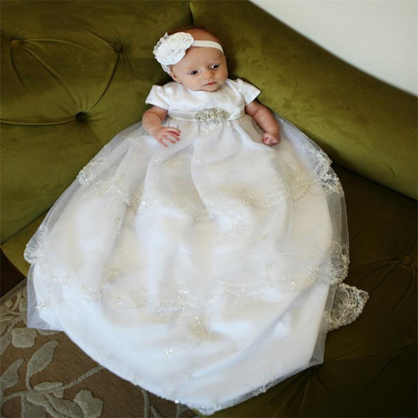 First Communion Dresses Applique Lace Sequins Pearls Ruffles Short Sleeves Baby Christening Gowns With Bonnet Baptism Outfits