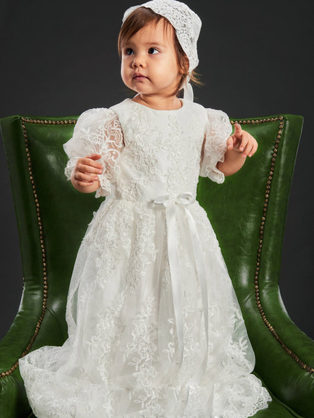 Lovely Lace Long Babies Baptism First Communion Dresses Half Sleeves Appliques White Ivory Christening Gown with Bonnet Custom Made 