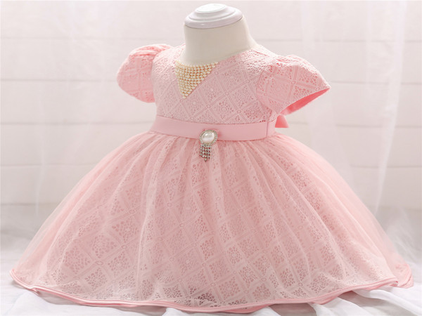 2018 new collection Baby short sleeves Christening Gown lace beaded workmanship high quality princess style pink